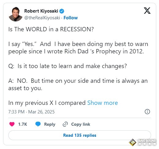 《富爸爸》作者清崎大膽宣稱“全球經濟已經衰退” 買入黃金、白銀等資產吧！