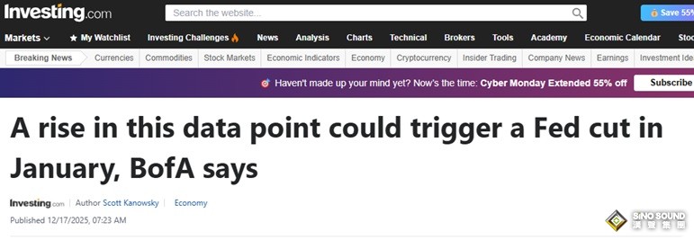 警惕金融市場飛出“黑天鵝”！美銀:這一指標若出現上升 恐觸發美聯儲1月降息